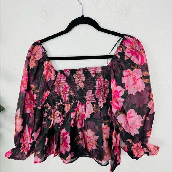 NWT Thirty/Thirty Floral Chiffon Smocked BabyDoll Bubble Long Sleeve Top - Picture 6 of 8